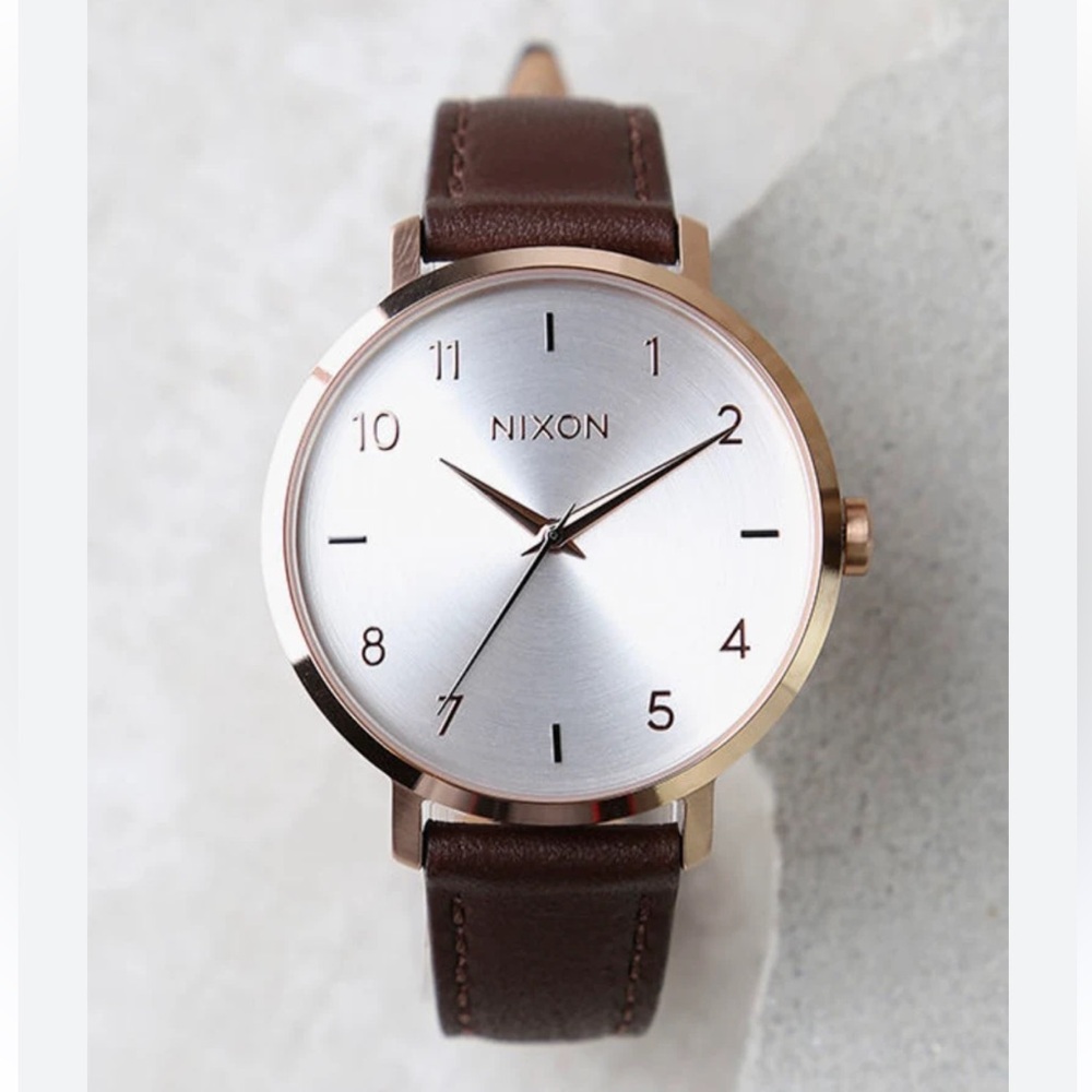 NIXON Arrow Leather Watch Rose Gold Silver Face Point It Brown Band NIB